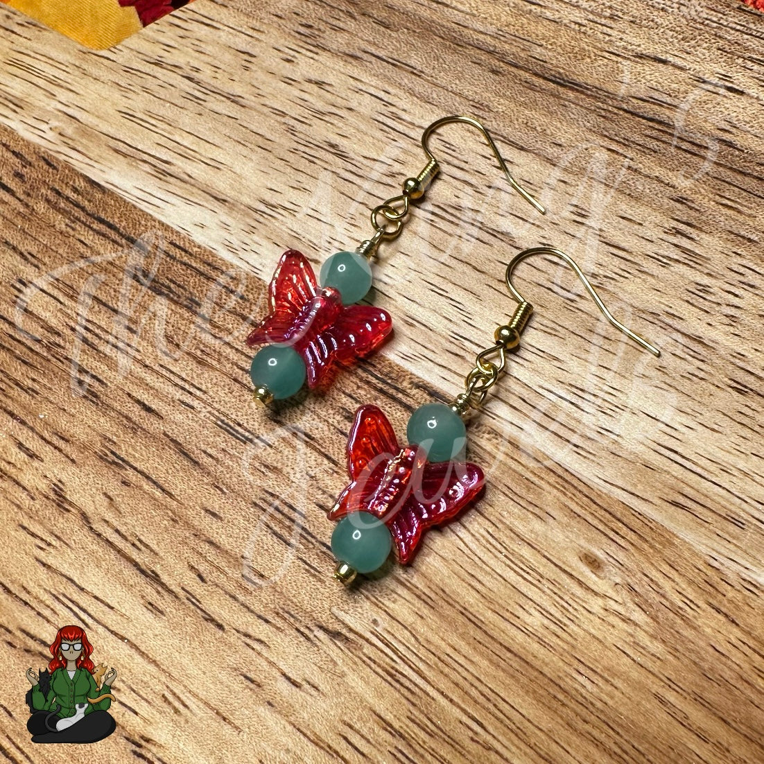 Melissa - Pink Iridescent Butterfly & Teal Beaded Earrings!