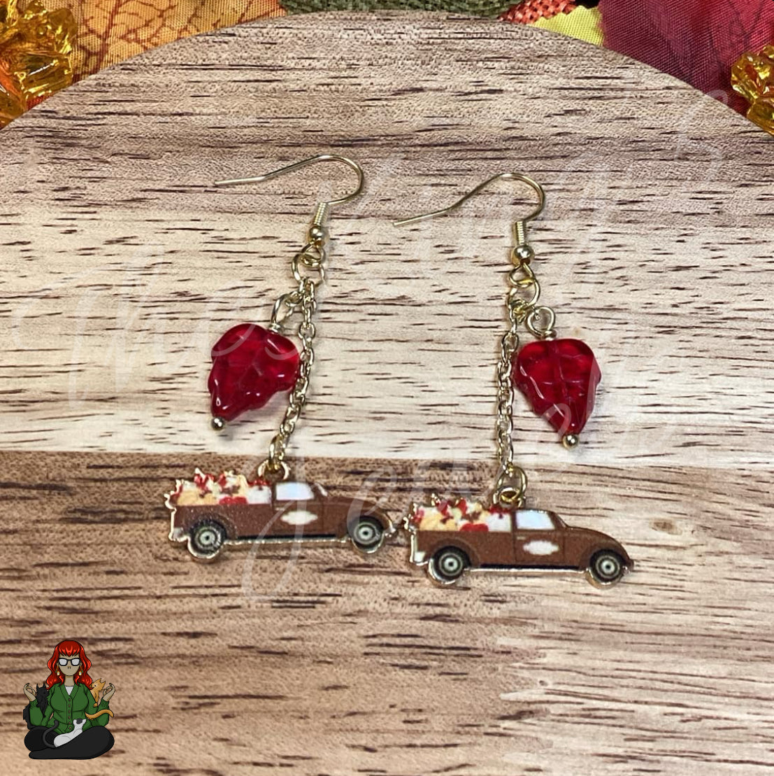 Gladys - Brown Truck & Red Leaf Earrings!