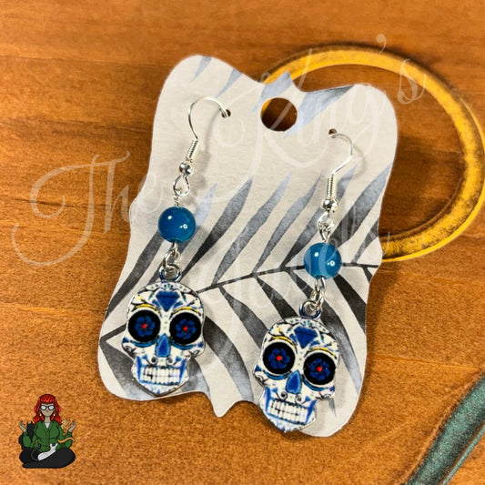 Katie - Sugar Skull & Blue Bead Earrings!