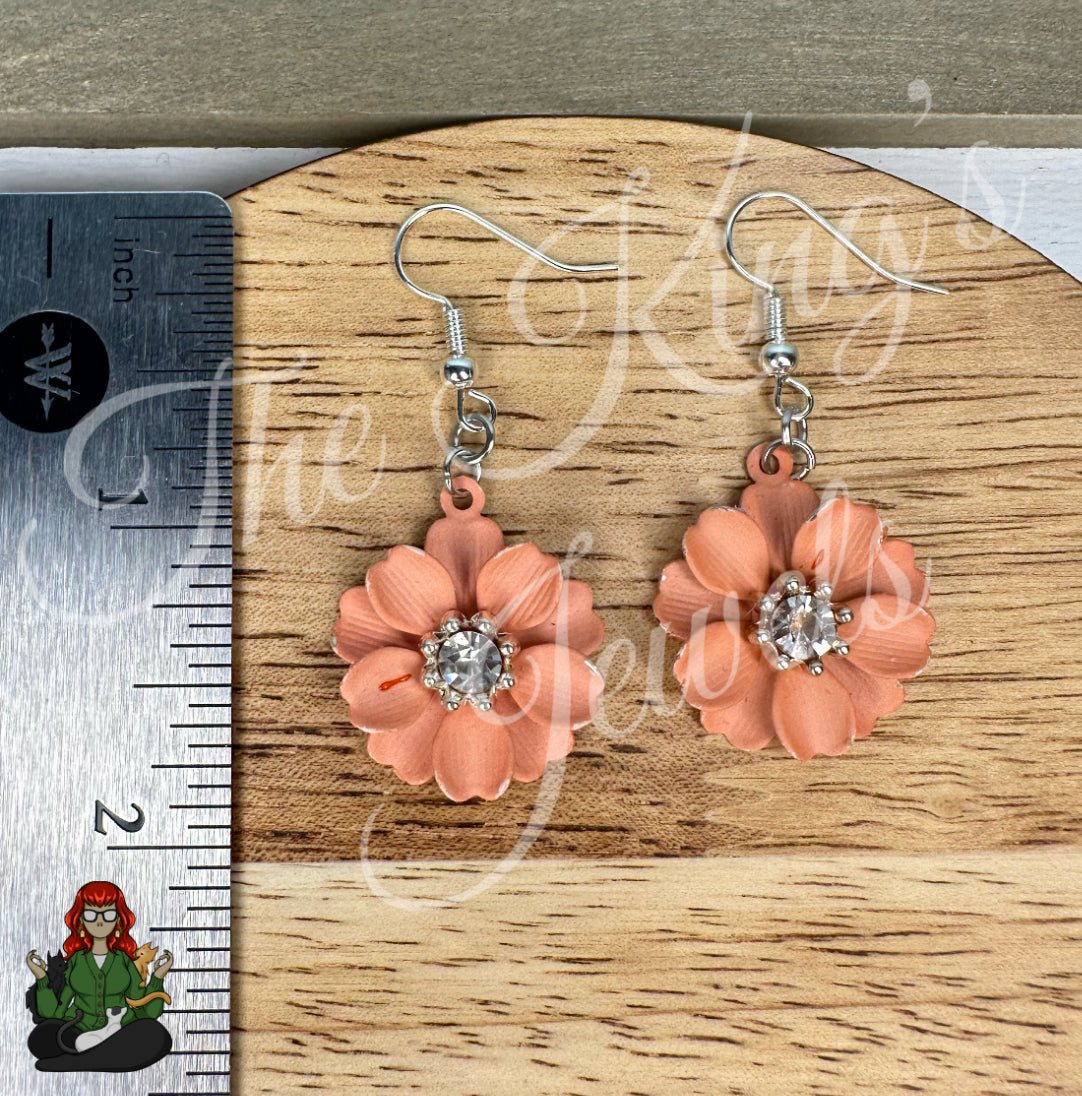 LeonaRae - Salmon Pink Flower & Rhinestone Center Earrings!