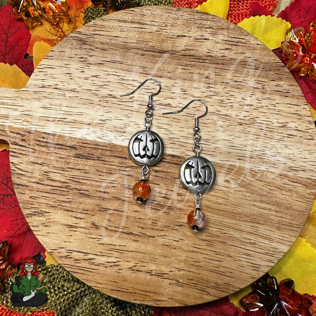 Katie - Silver Jack O' Lantern & Orange Bead Earrings!