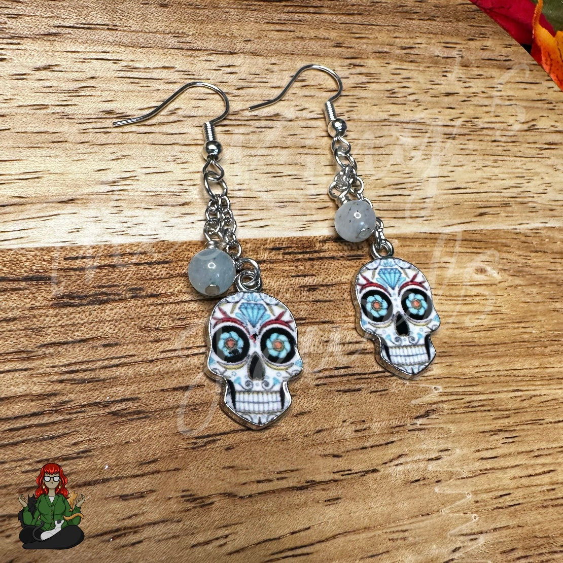 Gladys - Blue Aquamarine Bead & Sugar Skull Earrings!