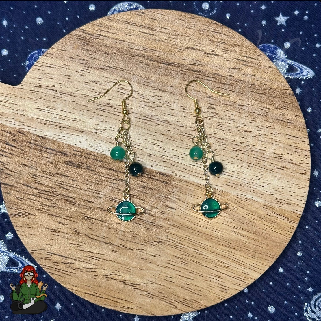 Gladys - Green Planet and Bead Earrings!