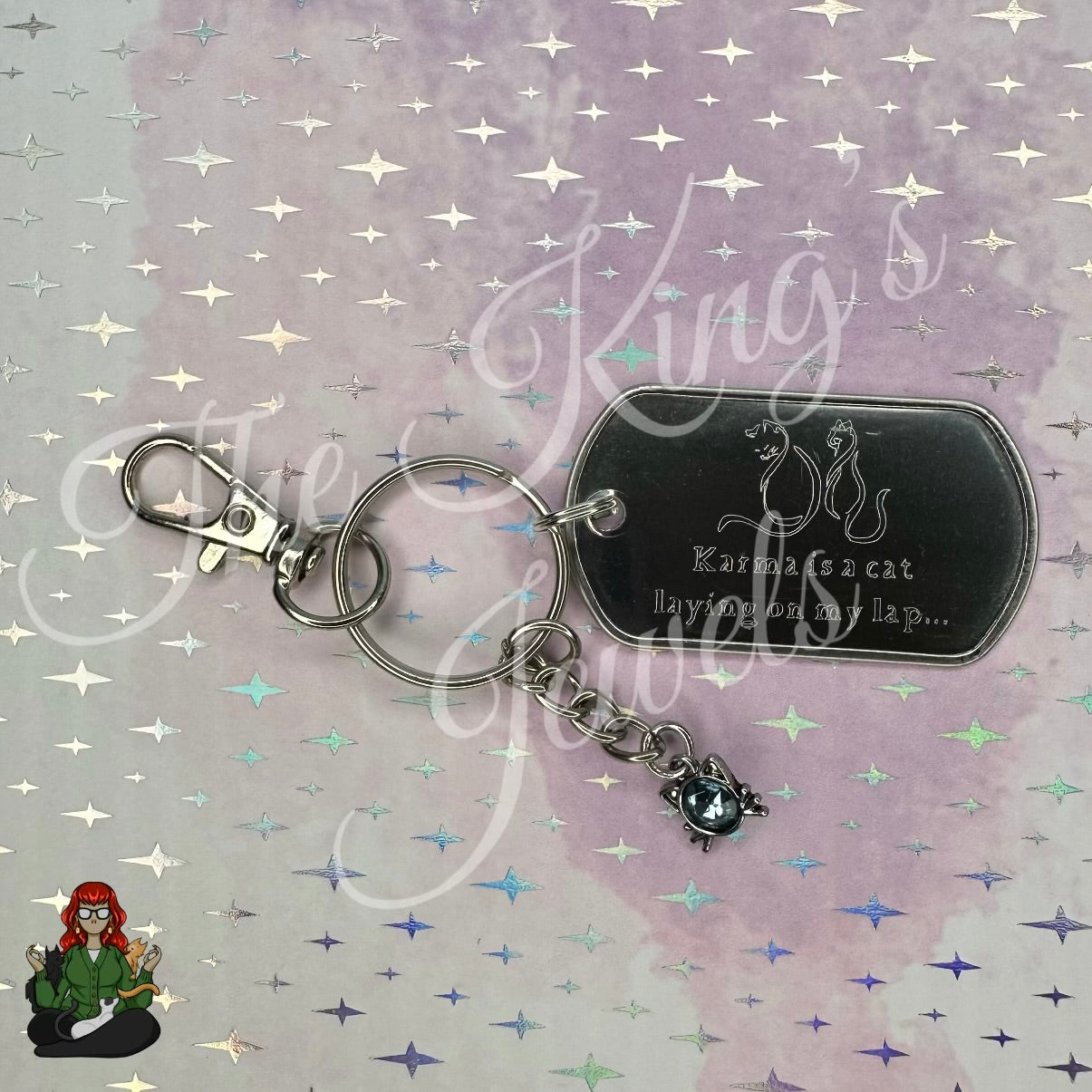 "Karma is a Cat Laying in my Lap" Etched Dog Tag Keychain!