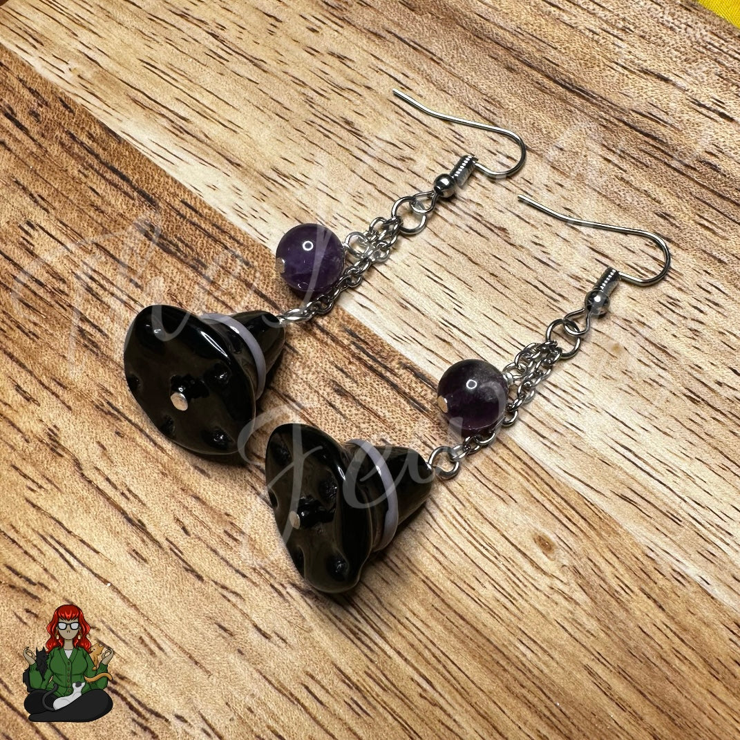 Gladys - Glass Witch Hat & Amethyst Bead Earrings!