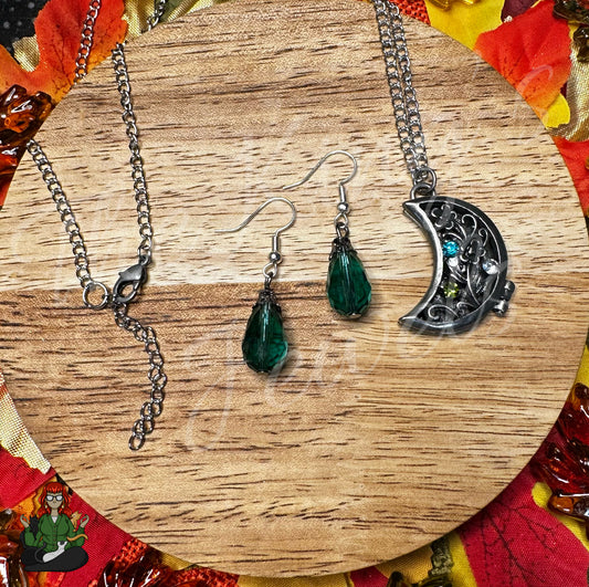 Gunmetal Pendant with Stainless Steel Chain Necklace & Green Earrings Jewelry Set!