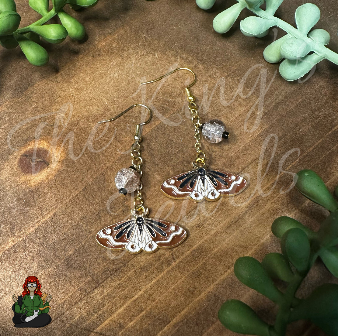 Gladys - Brown Moth & Crackle Glass Bead Earrings!