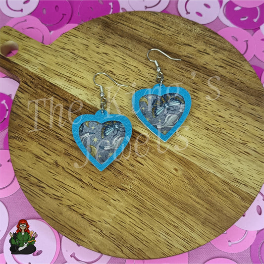 Lilith - Double Layer Blue Lunar Moth Heart Earrings!