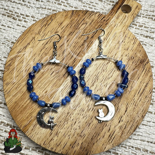 Riona - Lavender Beaded Cat & Moon Hoop Earrings!