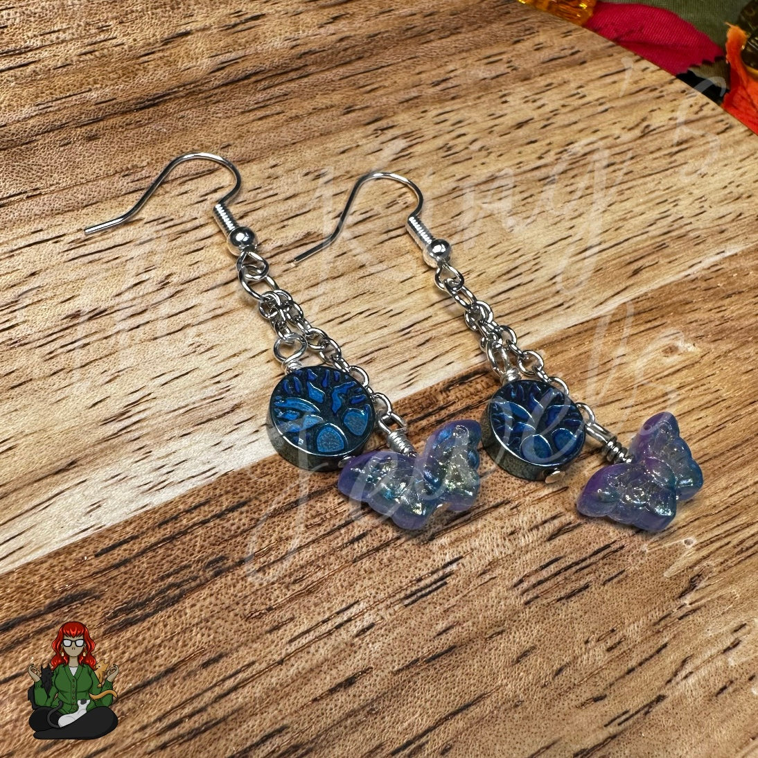 Gladys - Blue Tree of Life & Butterfly Earrings!