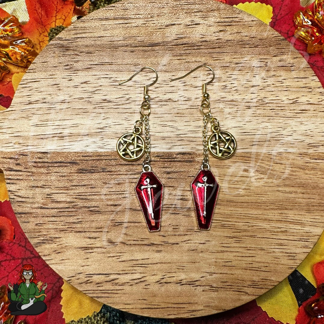 Gladys - Red Coffin & Pentacle Earrings!