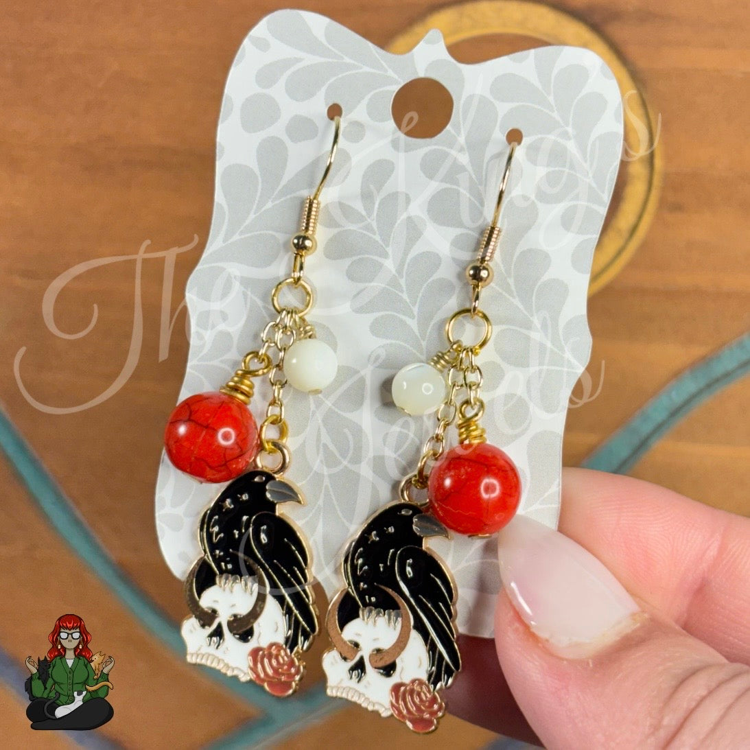 Gladys - Skull & Crow, Mother of Pearl with Red Bead Earrings