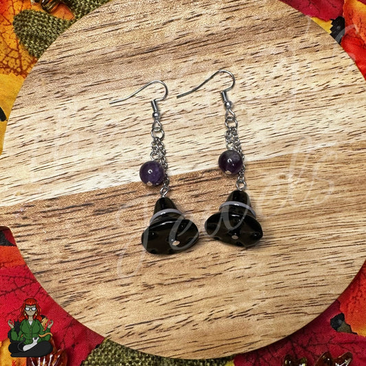 Gladys - Glass Witch Hat & Amethyst Bead Earrings!