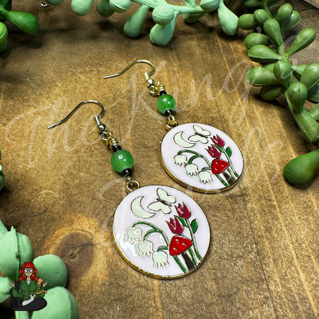 Katie - Baby Pink Mushroom & Green Glass Bead Earrings!