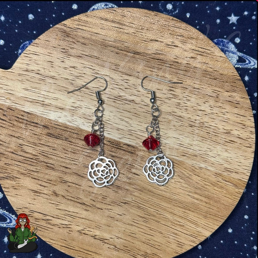 Gladys - Read Bead & Silver Flower Earrings!