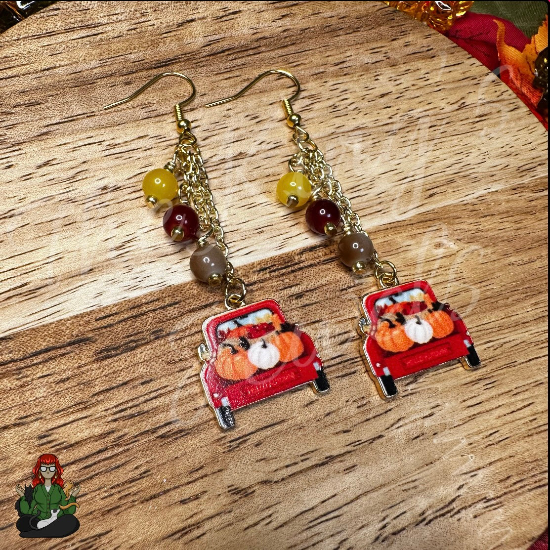 Gladys - Red Pickup Truck & Pumpkins Earrings!