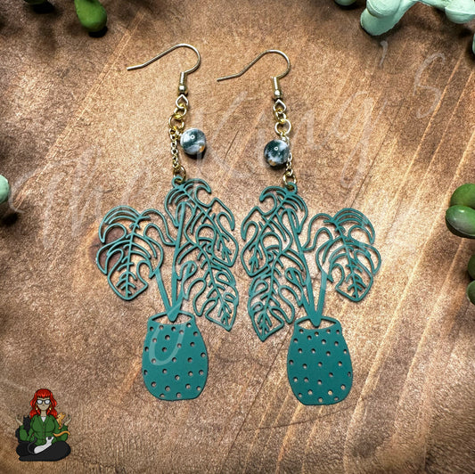 Gladys - Monstera & Moss Agate Bead Earrings!