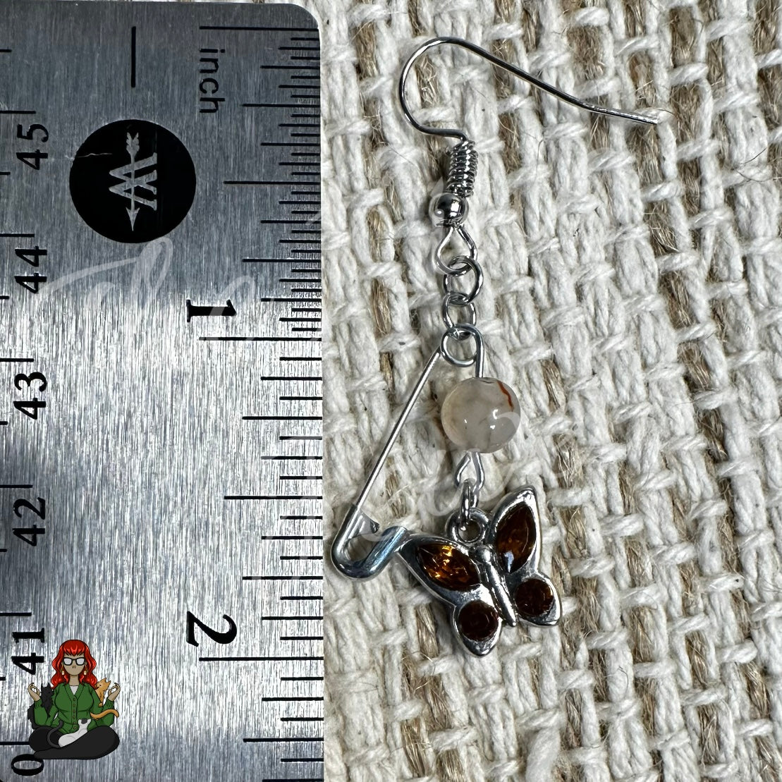 Raven - Smokey Quartz Bead & Burnt Orange Butterfly Charm Earrings!