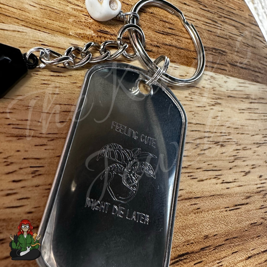 "Feeling Cute, Might Die Later" Skull Charm & Coffin Charm Etched Dog Tag Keychain!