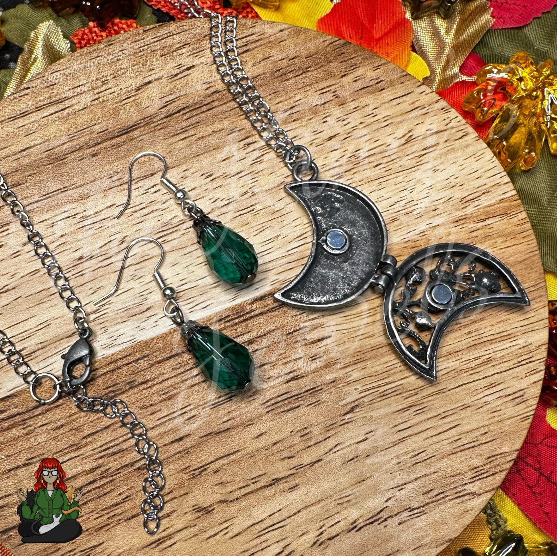 Gunmetal Pendant with Stainless Steel Chain Necklace & Green Earrings Jewelry Set!