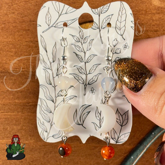 Amelia - Cresant Shell Moon, Smokey Quartz, & Fire Agate Bead Earrings!