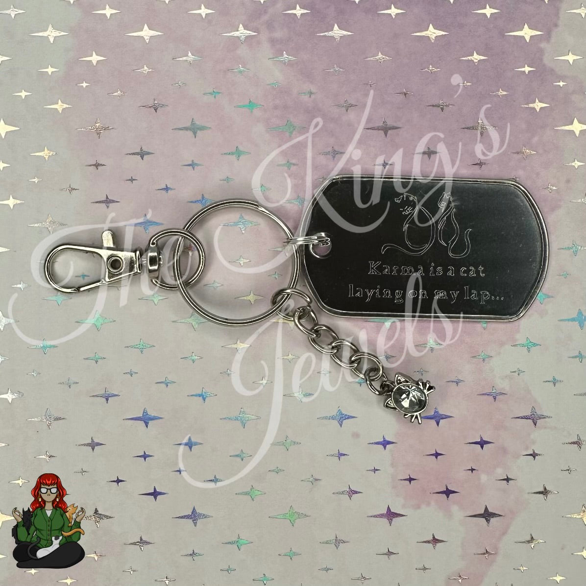 "Karma is a Cat Laying in my Lap" Etched Dog Tag Keychain!