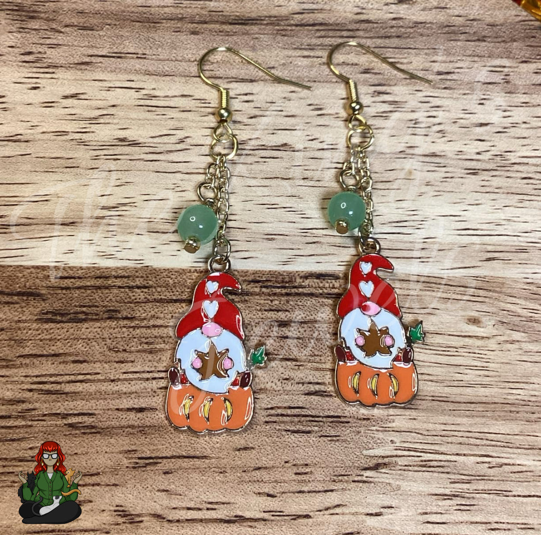 Gladys - Pumpkin Gnome & Green Bead Earrings!