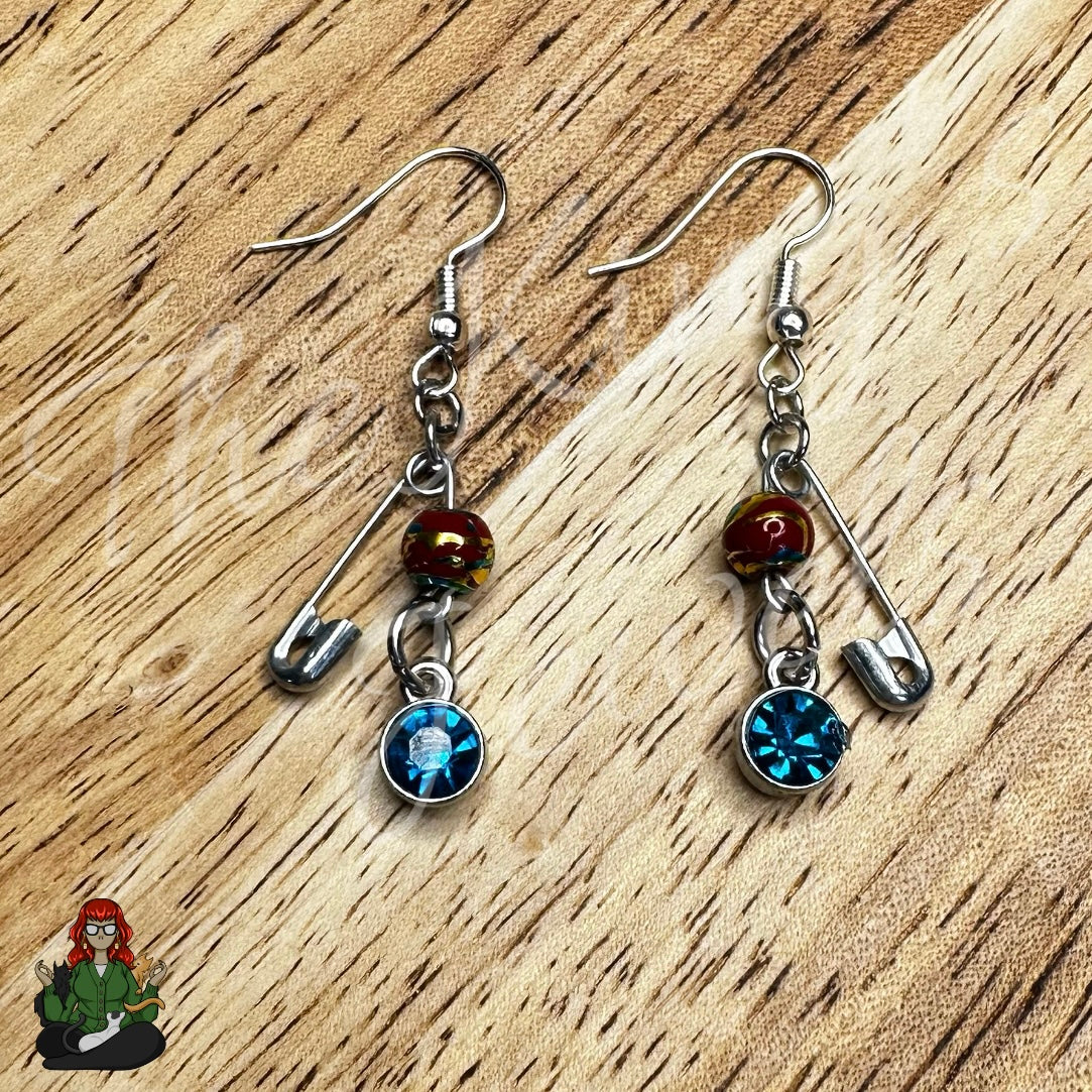 Raven - Dainty Red Bead & Blue Charm Earrings!