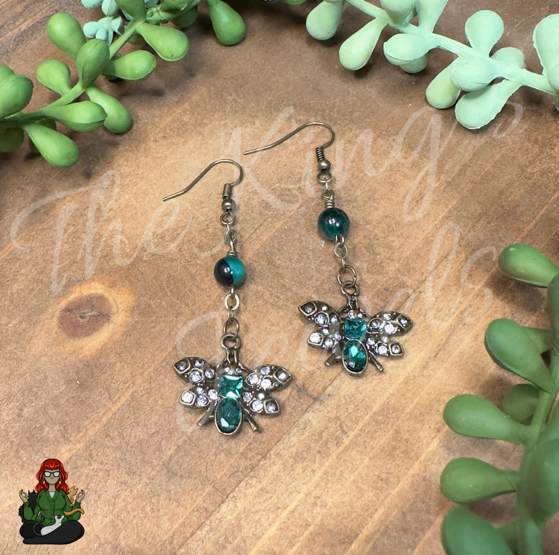 Katie - Green Bees & Green Tigers Eye Bead Earrings!