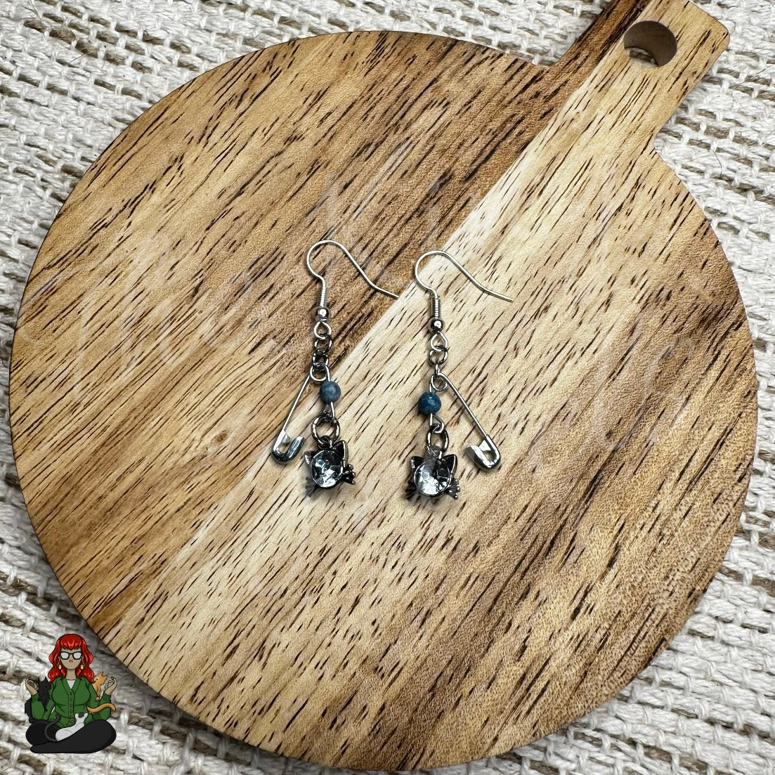 Raven - Dainty Blue Bead & Cat Charm Earrings!