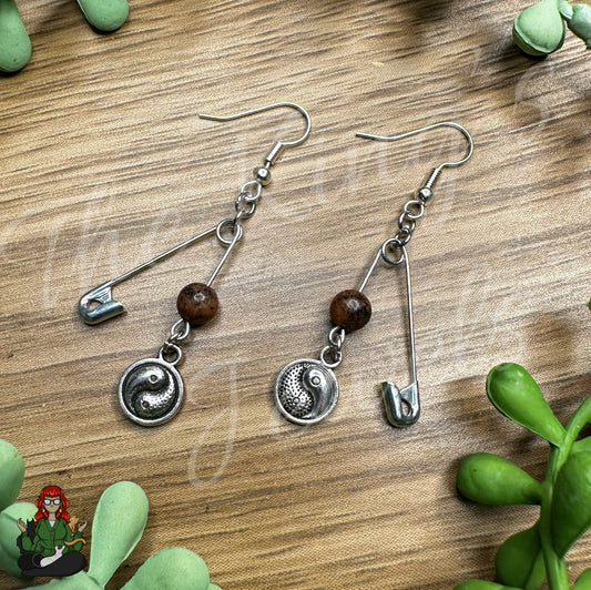 Dainty Gemstone Bead & Yin Yang Safety Pin Earrings!