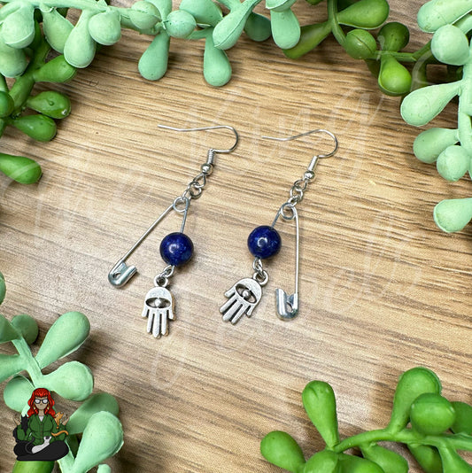 Raven - Blue Lapis & Evil Eye Safety Pin Earrings!