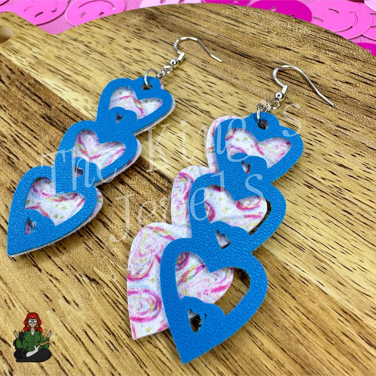 Violet - Blue & Heart Print Double Layer Earrings!