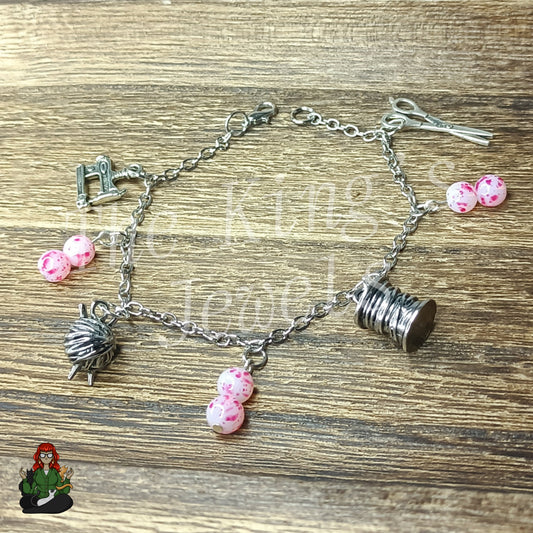 Rhiannon - Pink Beads & Sewing Charm Bracelet!