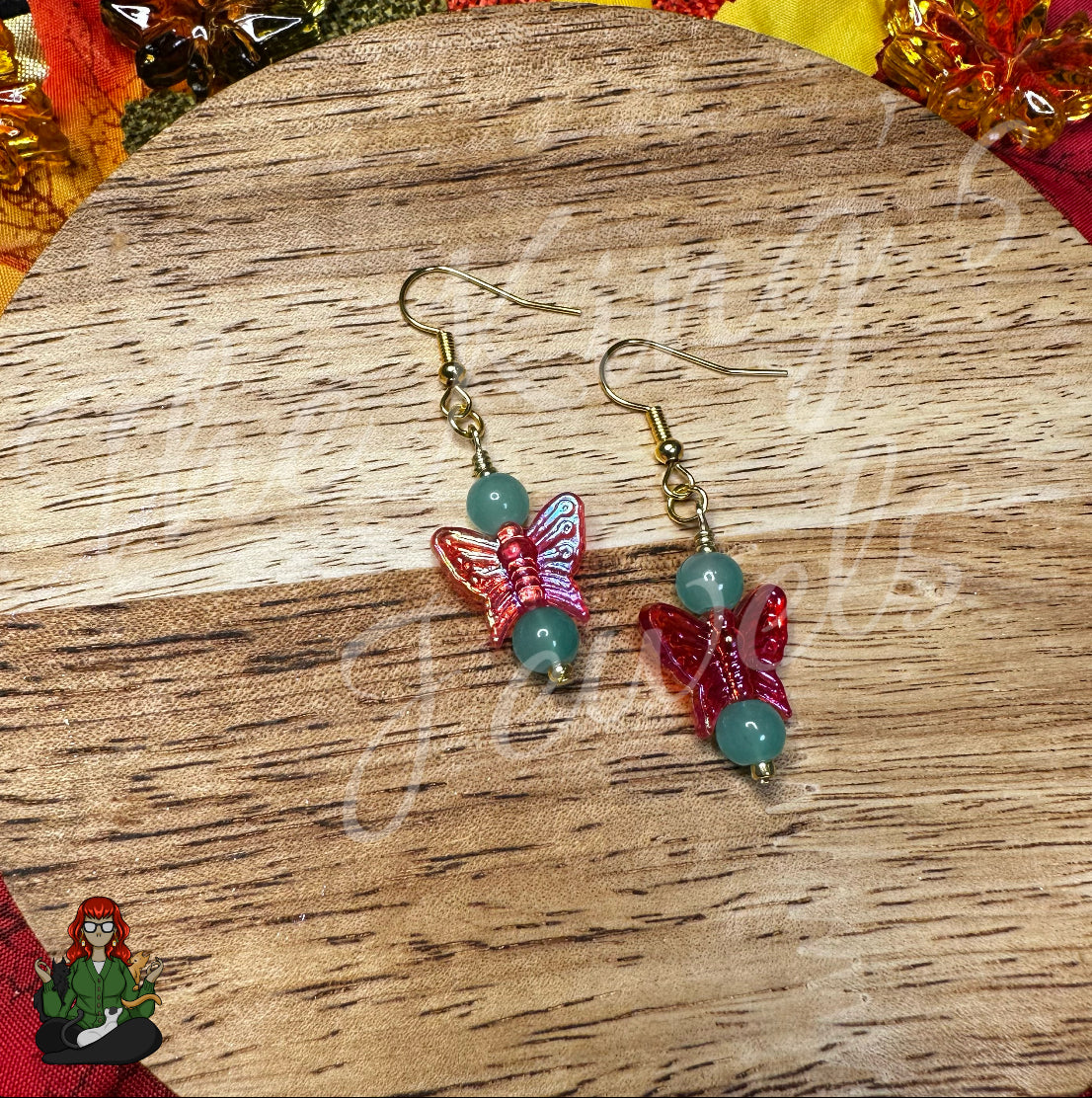 Melissa - Pink Iridescent Butterfly & Teal Beaded Earrings!