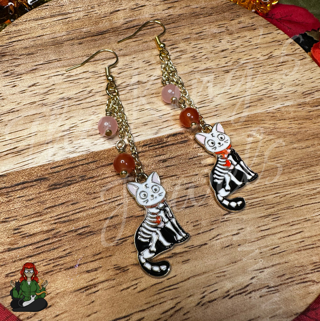 Gladys - Skeleton Cat & Bead Earrings!