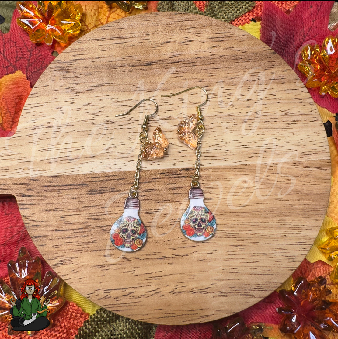 Gladys - Lightbulb Sugar Skull & Butterfly Earrings!