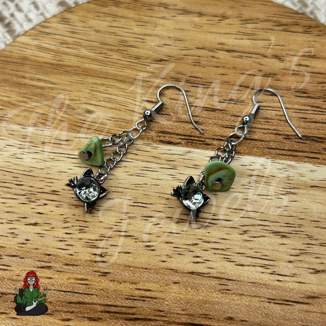 Gladys - Green Cat & Bead Earrings!