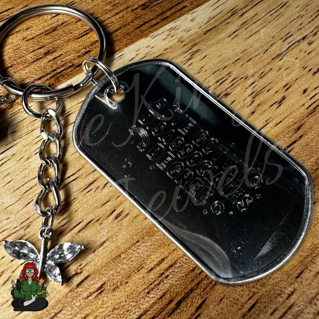 "I've Got My Disassociates Degree" Green Bead & Dragonfly Charm Etched Dog Tag Keychain!