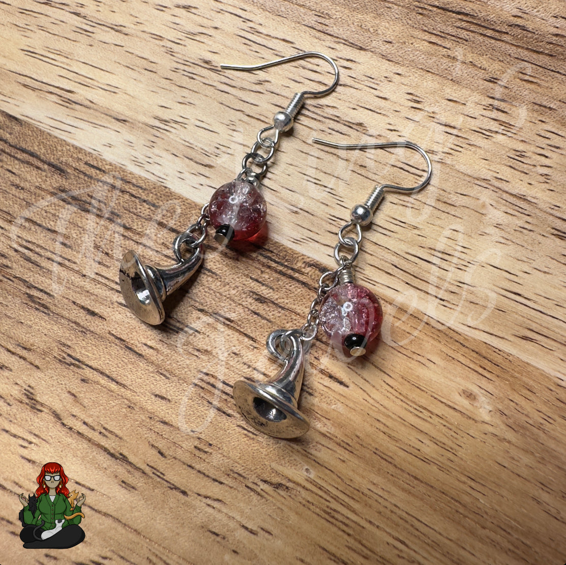 Gladys - Silver Witch Hat & Red Crackle Bead Earrings!