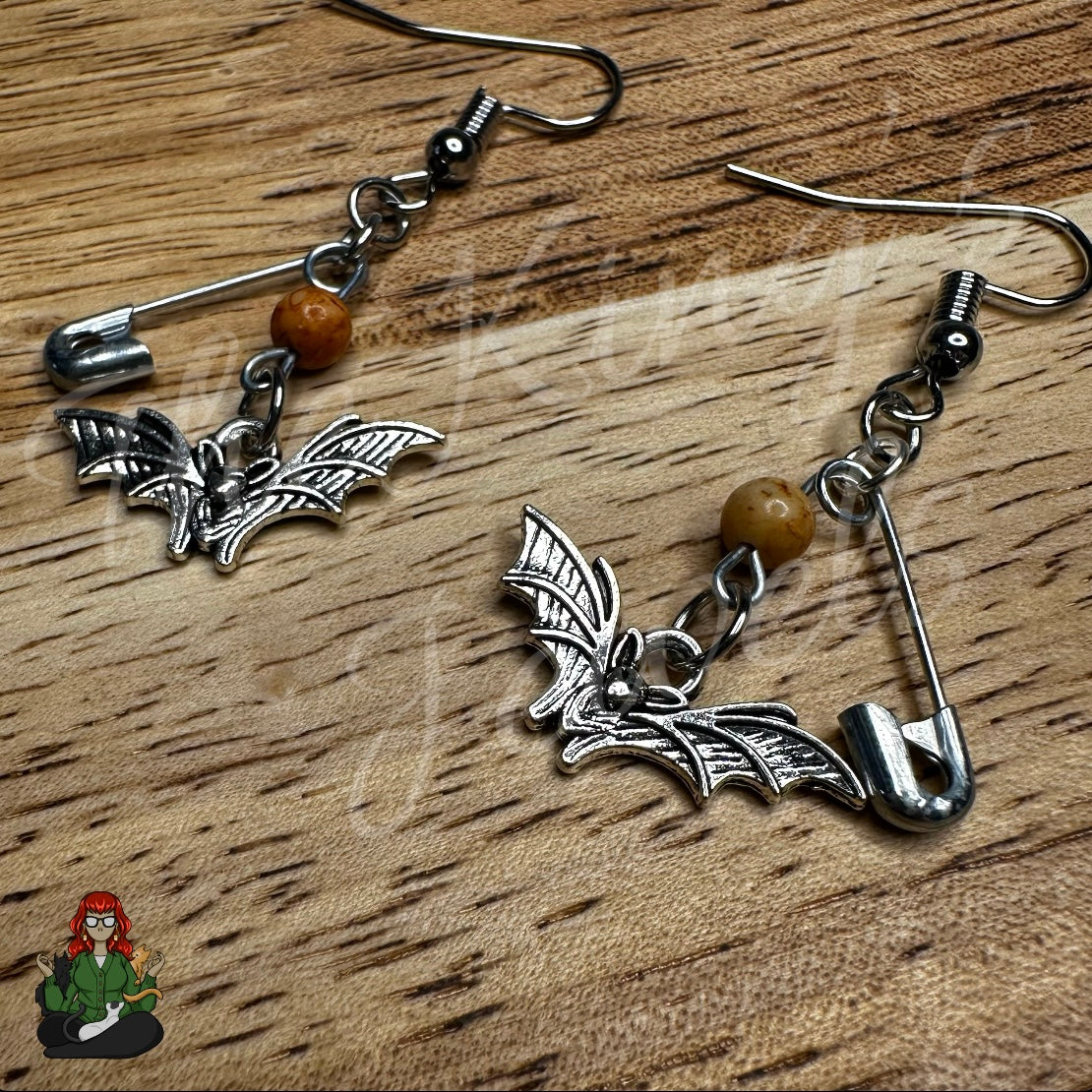 Raven - Dainty Orange Bead & Bat Charm Earrings!