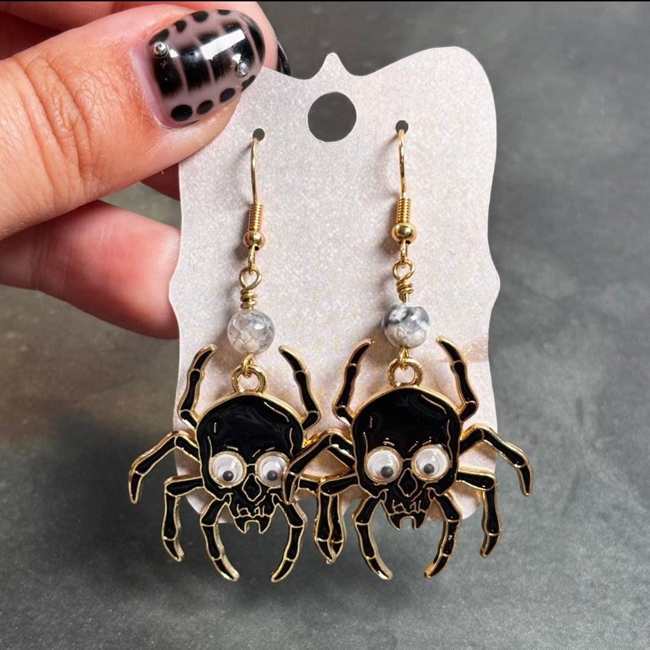 Katie - Googly Eyed Spider & Smokey Quartz Earrings!