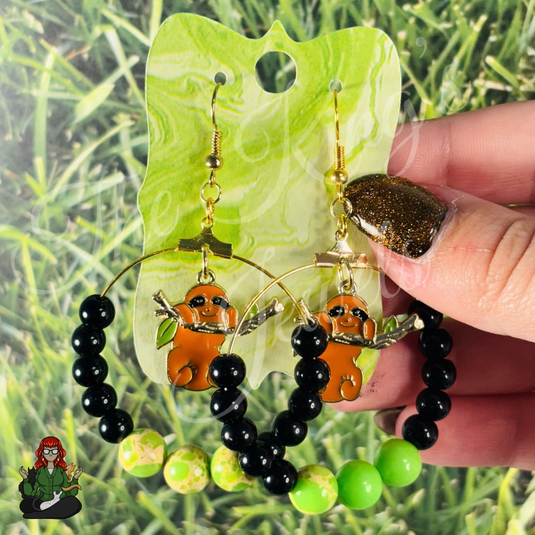 Riona - Gold Sloth with Glass Beads Earrings!