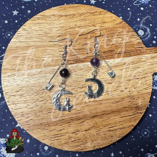 Raven - Cat & Moon Safety Pin Earrings!