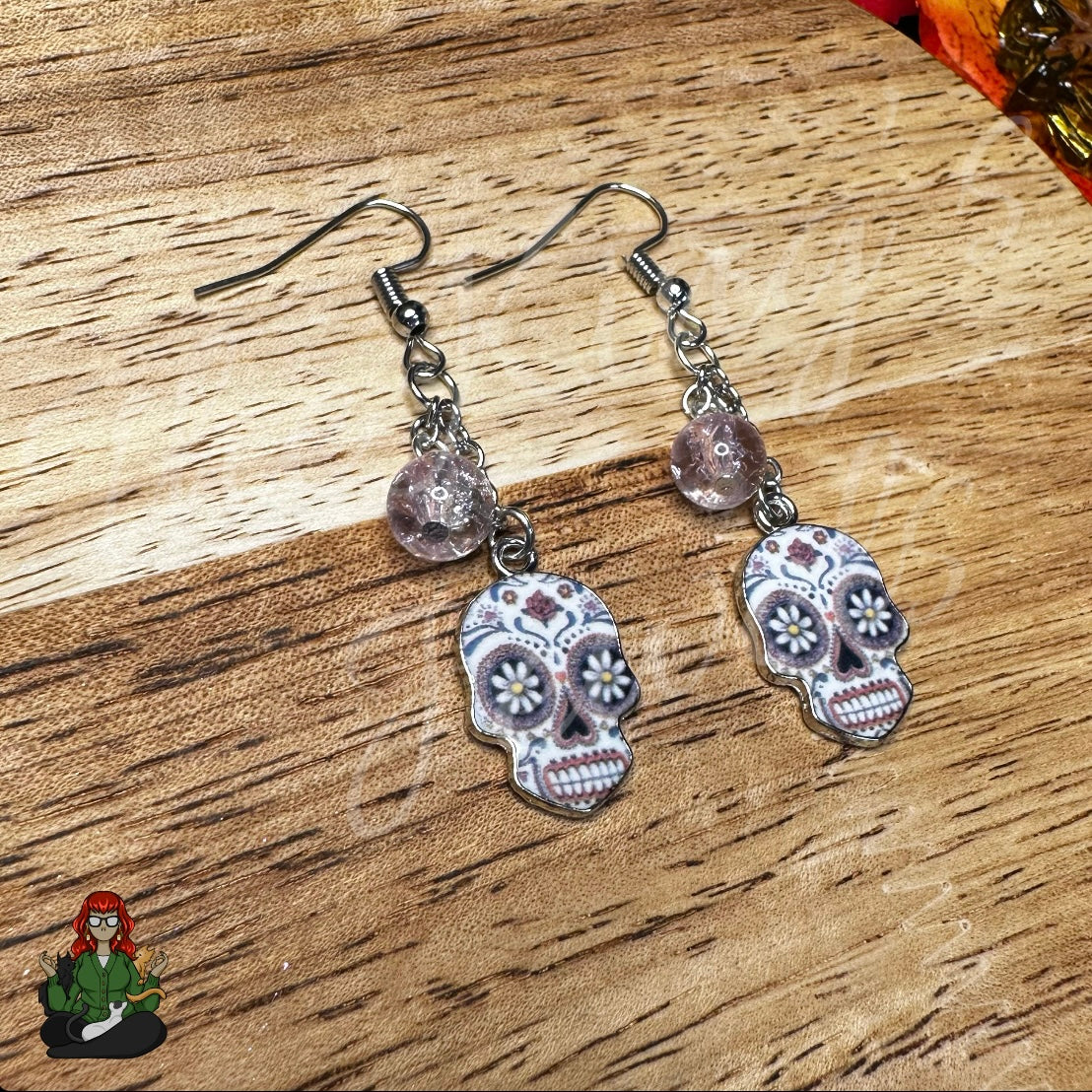 Gladys - Mauve Glass Bead & Sugar Skull Earrings!