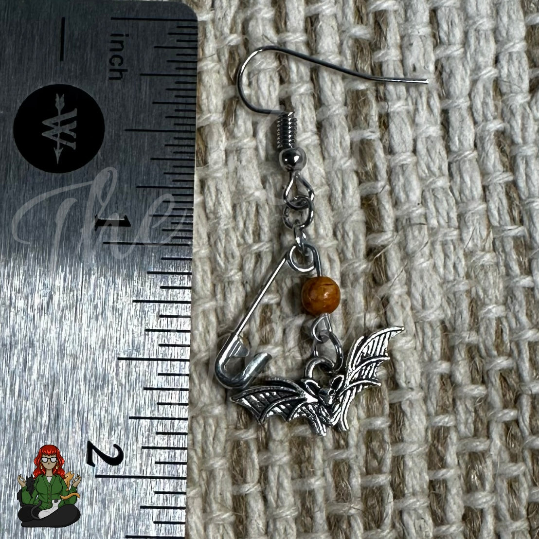 Raven - Dainty Orange Bead & Bat Charm Earrings!