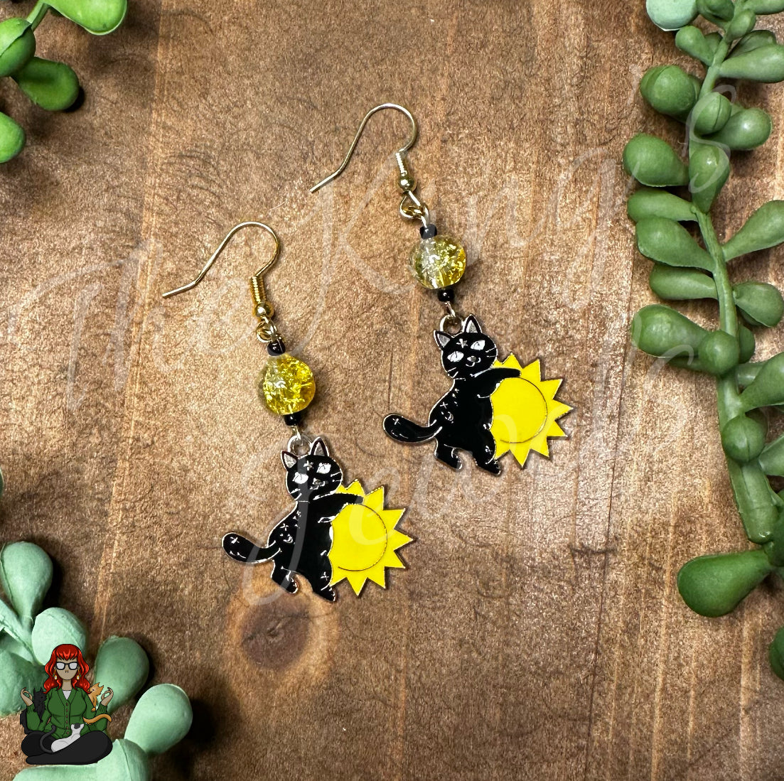 Katie - Celestial Black Cat & Sun Earrings!