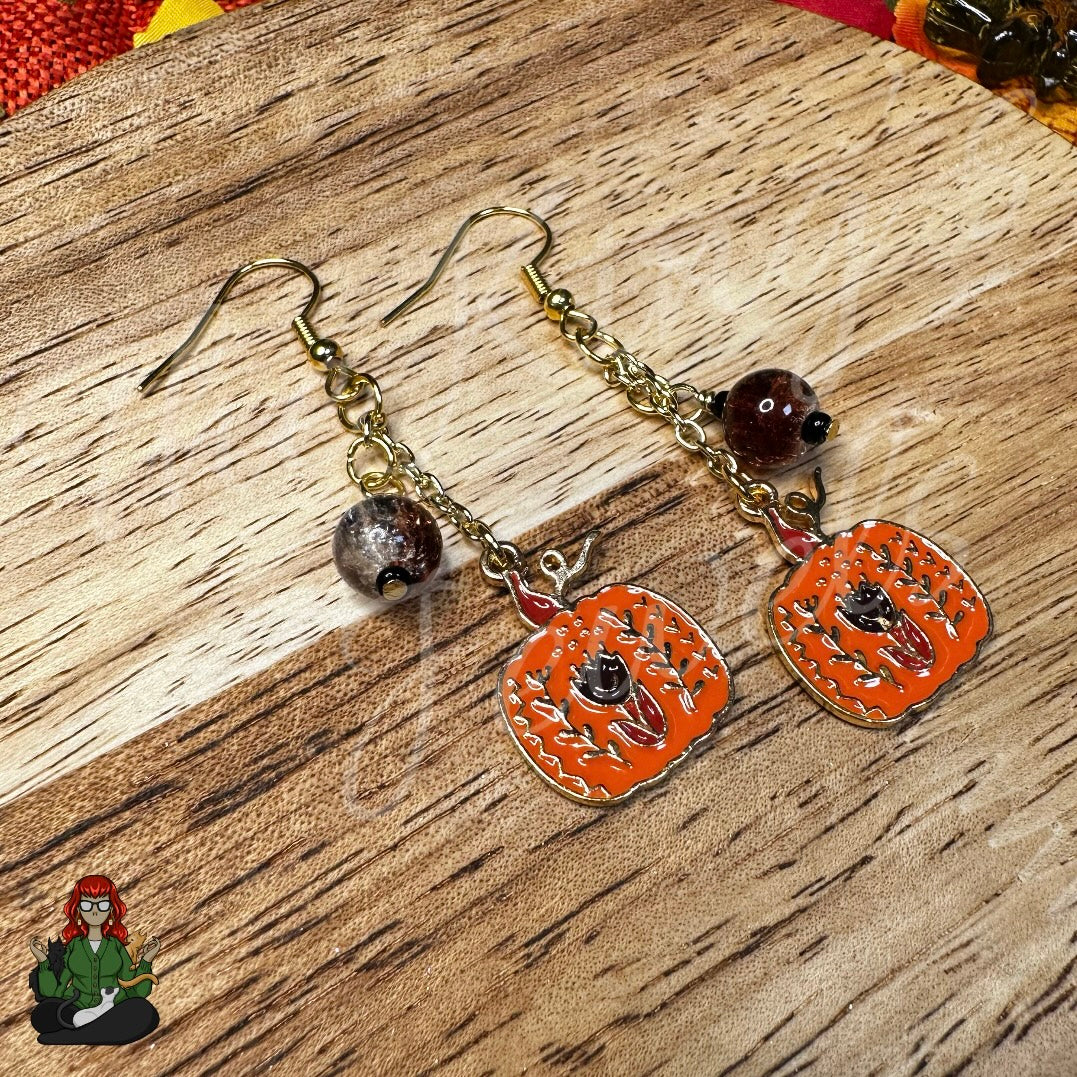 Gladys - Flower Pumpkin & Brown Bead Earrings!