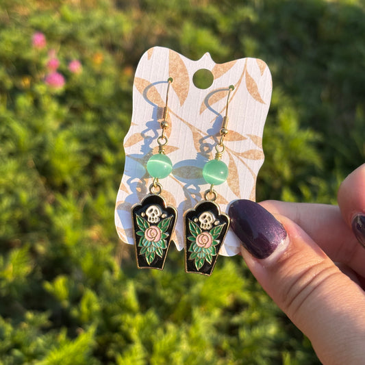 Katie - Dead Inside Skull Coffin & Green Aura Bead Earrings!