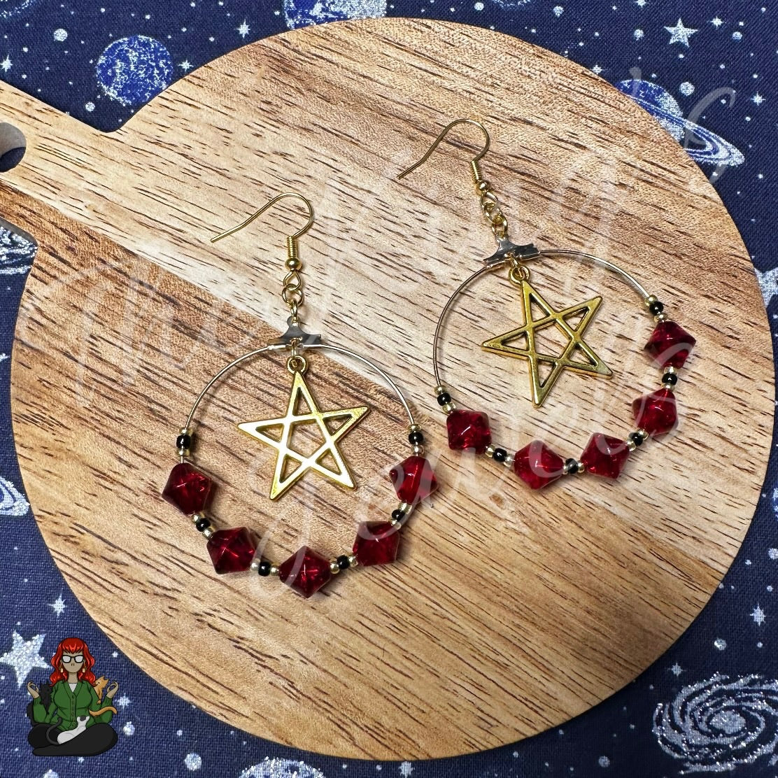 Riona - Pentagram & Red Glass Bead Hoop Earrings!